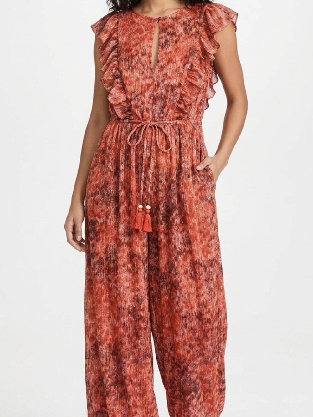 Ruffled Red Romper Open Back Tassel Tie Waist Wedding Boho Tropical Party M